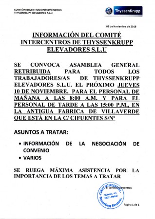 INFORMACIÓN DEL COMITÉ INTERCENTROS DE THYSSENKRUPP ELEVADORES S.L.U  